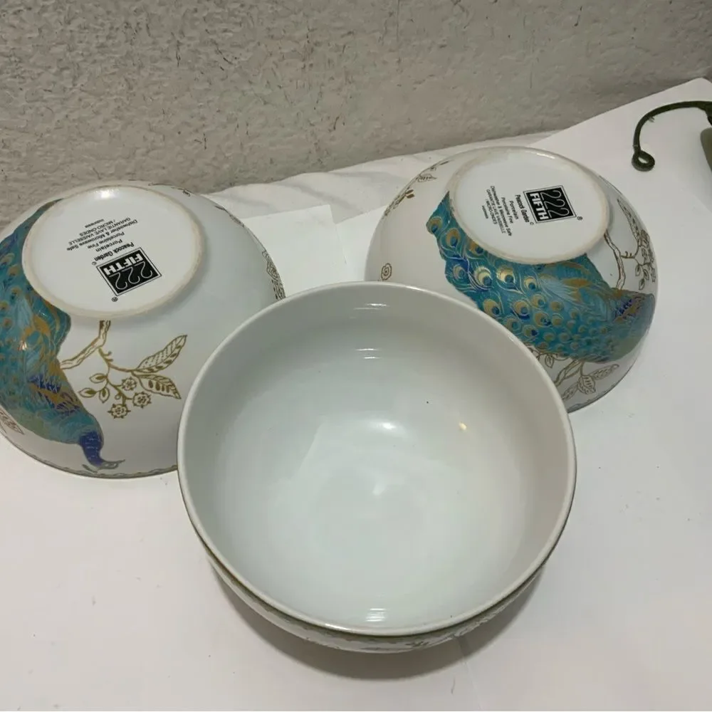 Set of 3; 222 Fifth Peacock Garden 5.5” Cereal Soup Bowls Fine China G14